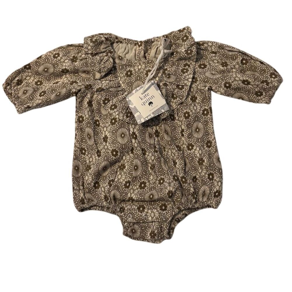 Kate Quinn Unisex Floral Bubble Romper 3-6 Months Brown Long Sleeve